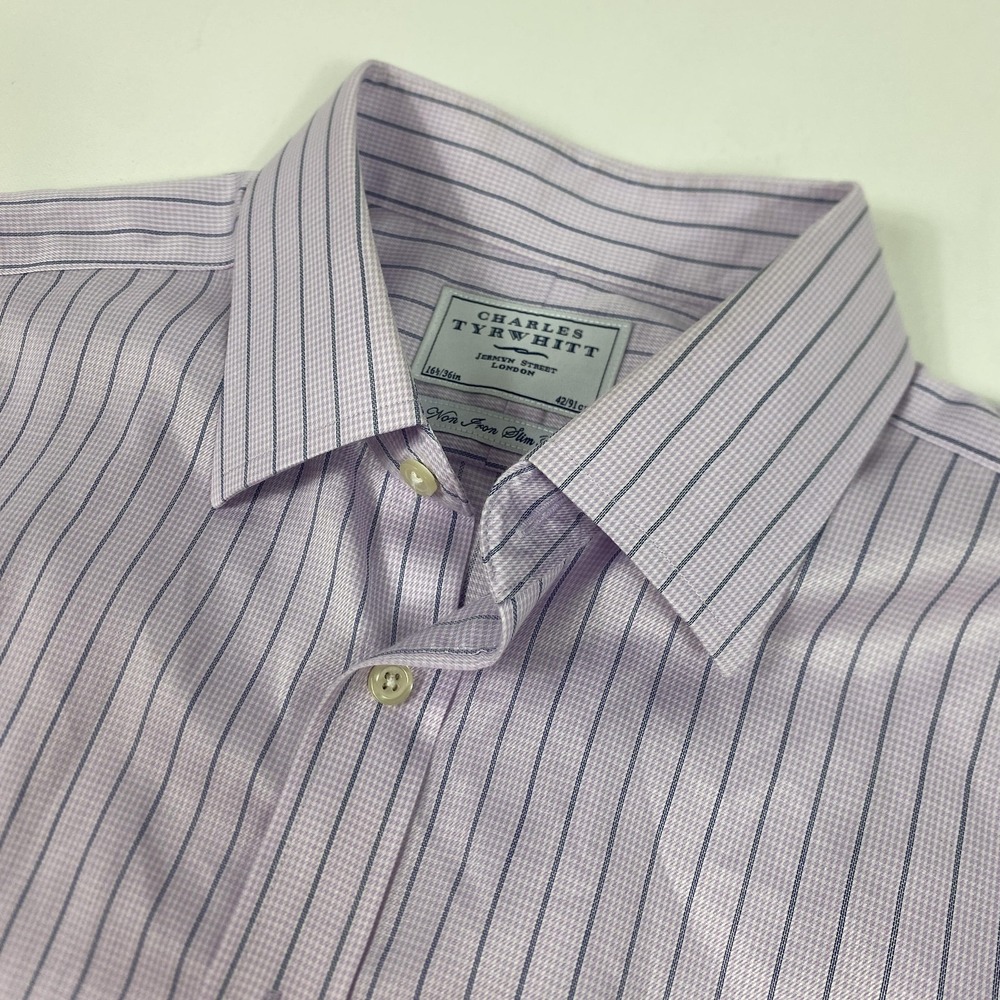 Charles Tyrwhitt Shirt Mens 16.5 36 Purple Striped Non Iron Slim Fit Long Sleeve